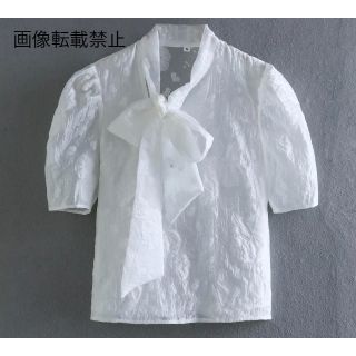🎓3月新作🏫10670◇white ジャガード ボウタイ シャツ ブラウス (シャツ/ブラウス(半袖/袖なし))