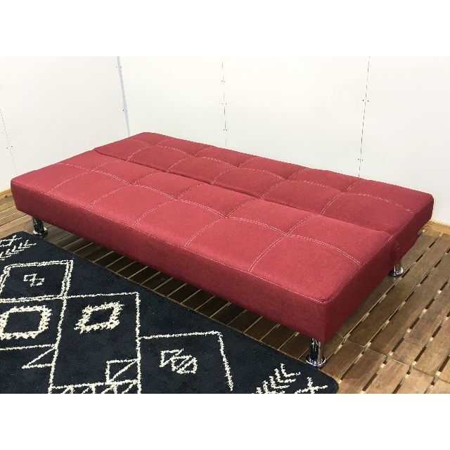 ロング幅ソファベッド/ファブリックソファー/格子ステッチ/レッド色/新品 インテリア/住まい/日用品のソファ/ソファベッド(ソファベッド)の商品写真