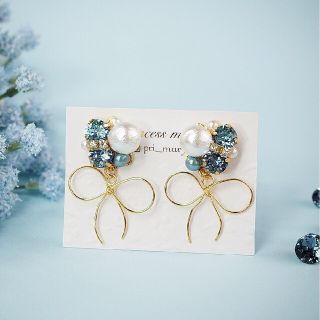 新作》揺れるリボン♡﻿アクアマリン jewelry bijouピアス(ピアス)