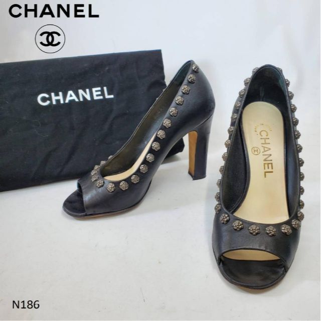 CHANEL シャネル パンプス オープントゥ カメリア スタッズ 36-