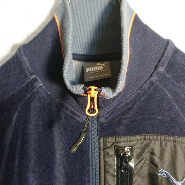 プーマ　トラックジャケット　ベロア　異素材切替　刺繍ロゴ　ネイビー　XL　好配色