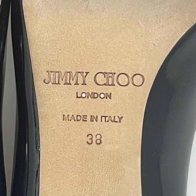 JIMMY CHOO(ジミーチュウ)の良品✨ ジミーチュウ エナメル オープントゥパンプス ピンヒール 38 ブラック レディースの靴/シューズ(ハイヒール/パンプス)の商品写真