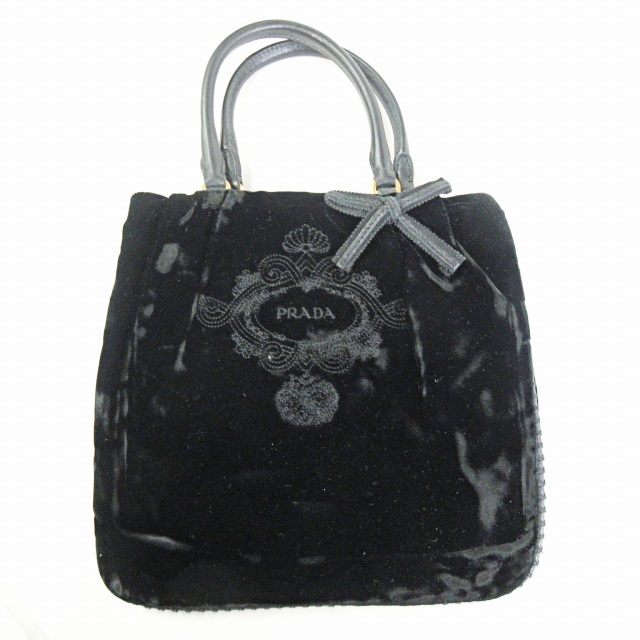 【タイムセール！】 ベルベット ミニバッグ ハンドバッグ プラダ ベロア 黒 ブラック ロゴ刺繍 ハンドバッグ