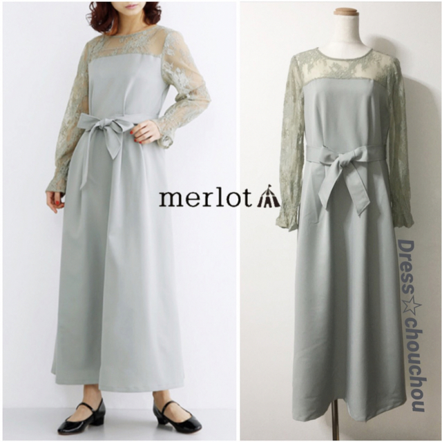 merlot plus(メルロープリュス)のmerlot plus フラワーレース切り替えウエストリボンワンピース GR レディースのフォーマル/ドレス(ロングドレス)の商品写真