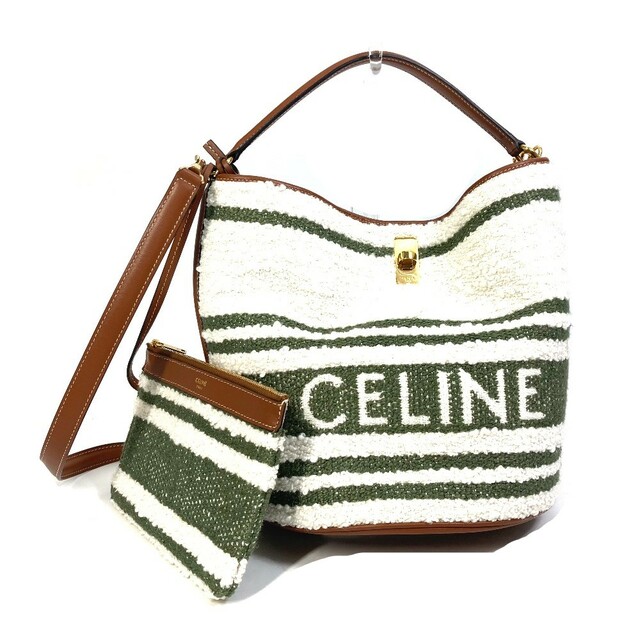 約96cmストラップセリーヌ CELINE バケット16(セーズ) ストライプテキスタイル 195572ED3-15KZ ボーダー カバン 2WAY バケットバッグ ショルダーバッグ ハンドバッグ カーフスキン カーキ＆タン 美品