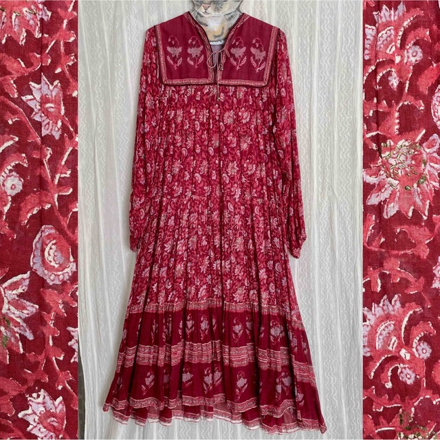 ヴィンテージ 70s インド綿 ワンピース 赤系 インド Vintage