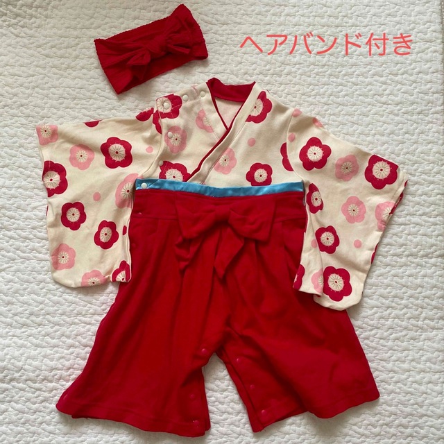 女の子　袴ロンパース　ヘアバンド キッズ/ベビー/マタニティのベビー服(~85cm)(和服/着物)の商品写真