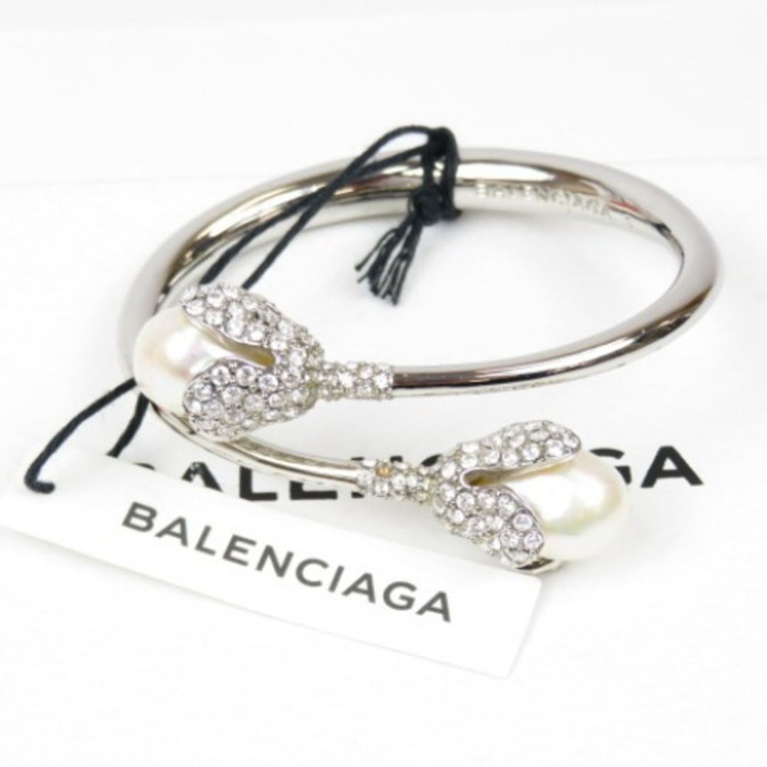 極美品 BALENCIAGA バレンシアガ バングル 花 フラワー パール調 ブレスレット GP/フェイクパール/ラインストーン シルバーラインストーン欠損追記コメント