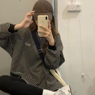 韓国 ボーダー 長袖 ゆるかわ トップス オルチャン ホワイト
