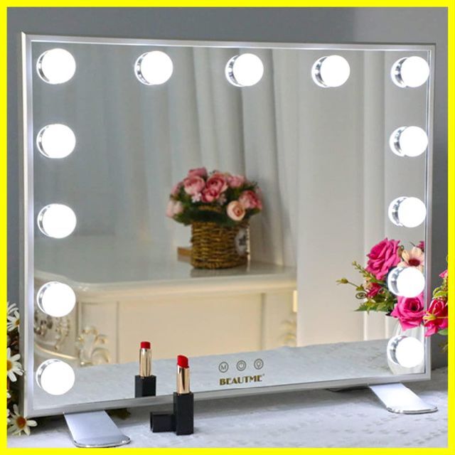 【色:シルバー】女優ミラー 化粧鏡 卓上ミラー スタンドミラー 13個のLED電