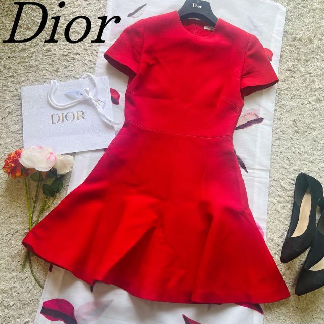 素材ウールシルク【美品】Christian Dior フレアワンピース レッド 膝丈 ドレス