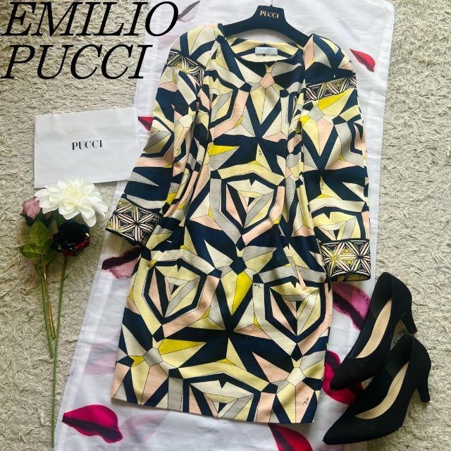 良品】EMILIO PUCCI プッチ柄 膝丈ワンピース 長袖 総柄 M 【感謝価格