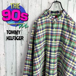 トミーヒルフィガー(TOMMY HILFIGER)の90's トミーヒルフィガー  ロゴ刺繍　ゆるだぼ ノーカラーチェックシャツ(シャツ)