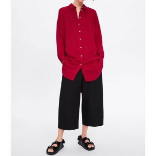 ザラ(ZARA)のザラ　未使用　バンブーロングシャツ　レッド　L(シャツ/ブラウス(長袖/七分))