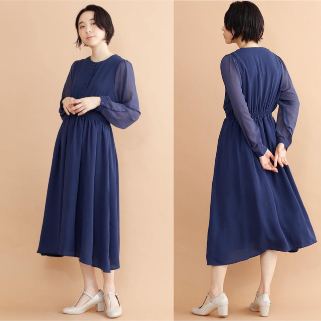 merlot plus(メルロープリュス)のplus 袖シースルー フレアシルエットワンピース 紺 ♡完売品 レディースのフォーマル/ドレス(ミディアムドレス)の商品写真