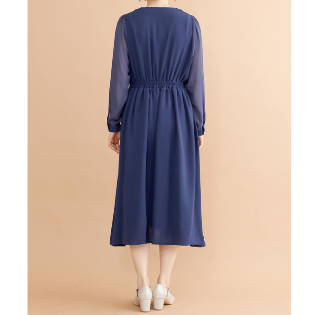 merlot plus(メルロープリュス)のplus 袖シースルー フレアシルエットワンピース 紺 ♡完売品 レディースのフォーマル/ドレス(ミディアムドレス)の商品写真