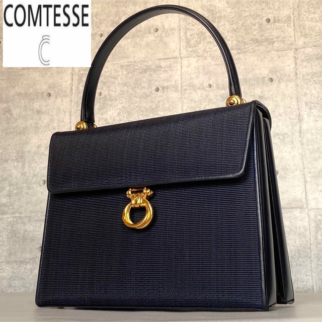 【良品】COMTESSE ホースヘア ダークネイビー ゴールド金具 ハンドバッグ