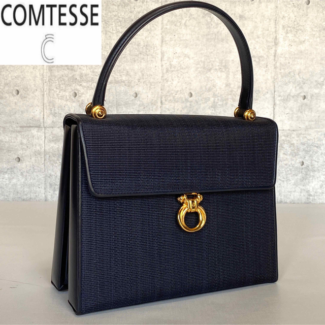 【良品】COMTESSE ホースヘア ダークネイビー ゴールド金具 ハンドバッグ