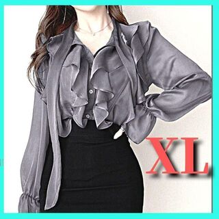 フリルブラウス　リボン　ブラウス　ボーカラー　XL　かわいい　韓国ファッション(シャツ/ブラウス(長袖/七分))