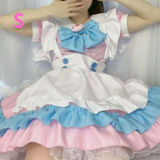 かわいい♡ピンク水色　メイド服S 大きいサイズ 半袖　人気　おすすめ　レディース(衣装一式)