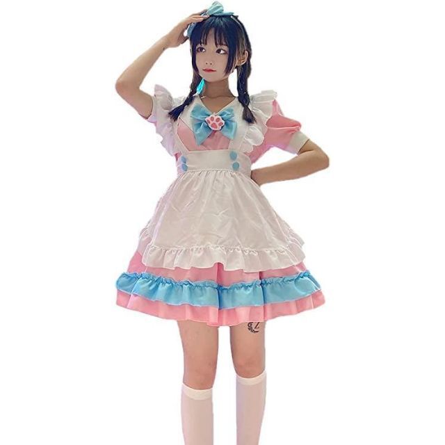 かわいい♡ピンク水色　メイド服L 大きいサイズ 半袖　人気　おすすめ　レディース エンタメ/ホビーのコスプレ(衣装一式)の商品写真