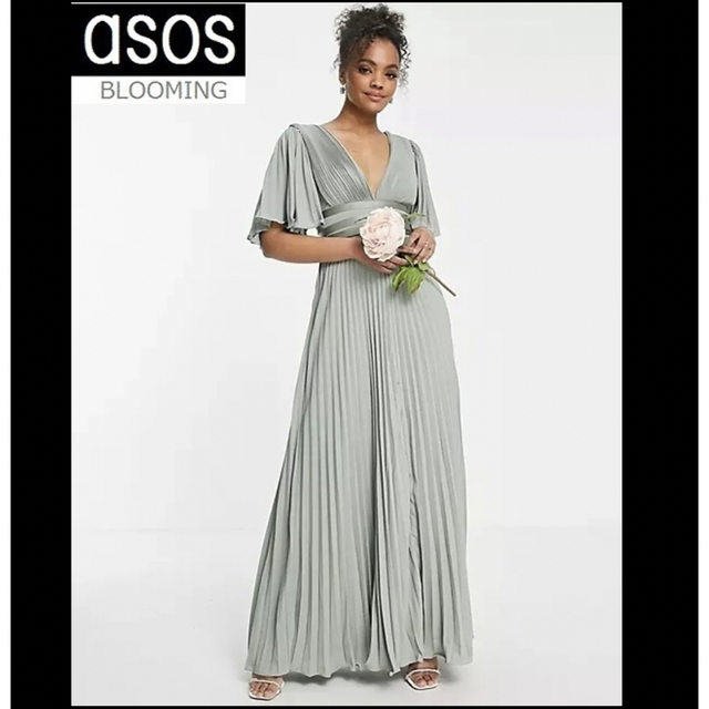 ASOS DESIGN プリーツ フラッター スリーブ マキシドレスドレス