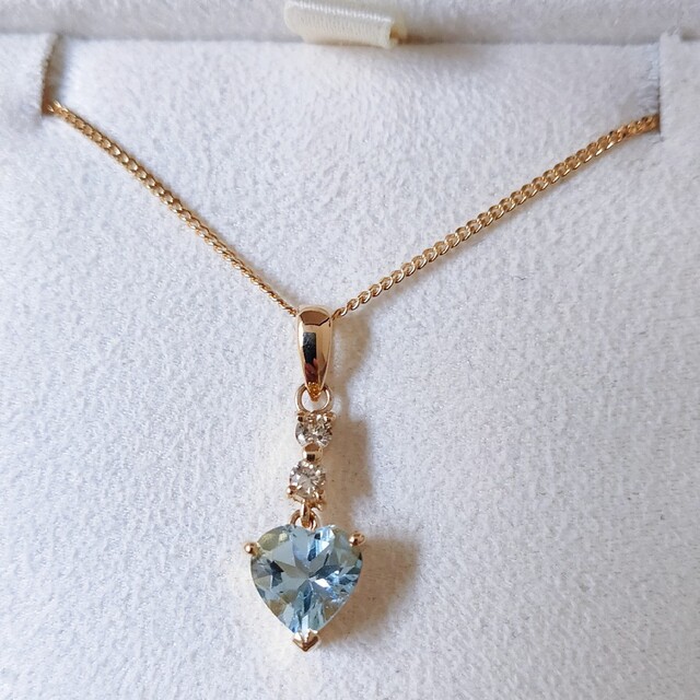 ダイヤモンド×アクアマリン ハートシェイプ ネックレス K18YG 0.10ct