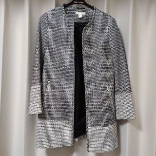 エイチアンドエム(H&M)のH＆M　ノーカラーロングジャケット　ツイード風柄モノトーン　サイズ36(ノーカラージャケット)