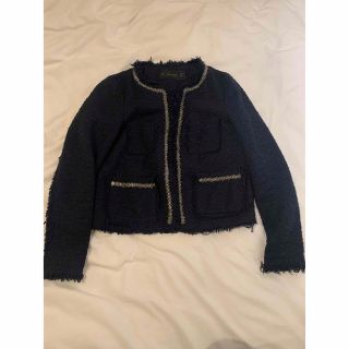 ザラ(ZARA)の【美品！zara ツイードジャケット】ネイビー　ビジューつき　トレンド　入学式(ノーカラージャケット)