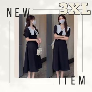 M L XL 2XL 3XL 4XL レディース ワンピース 襟付き 黒 リボン(ロングワンピース/マキシワンピース)