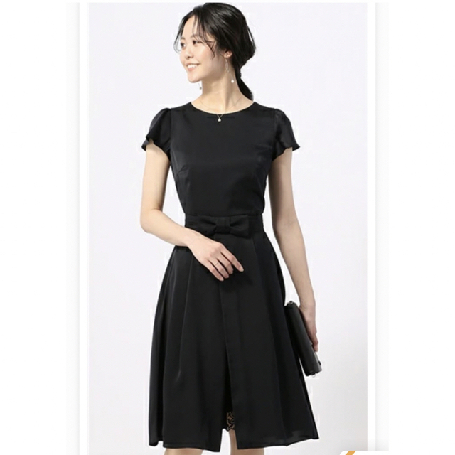 洋服の青山　パーティードレス　9号　新品　ブラック  半袖ワンピースミディアムドレス
