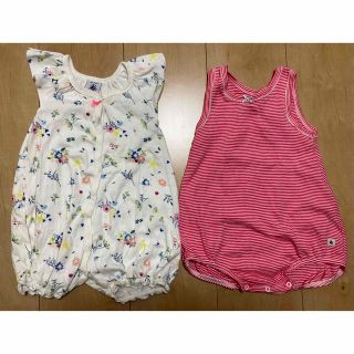 プチバトー(PETIT BATEAU)のプチバトー花柄とボーダー柄ロンパース74センチ（2枚セット）(ロンパース)