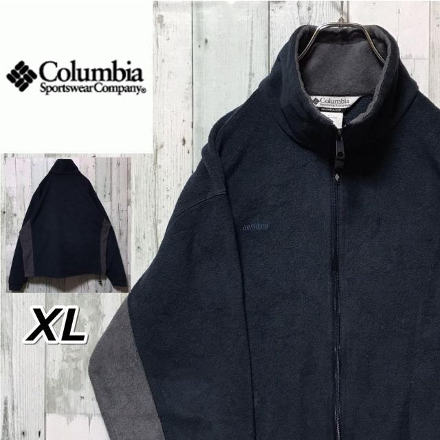 コロンビア　フルジップ　フリースジャケット　襟ロゴ　オーバーサイズ　ブラック