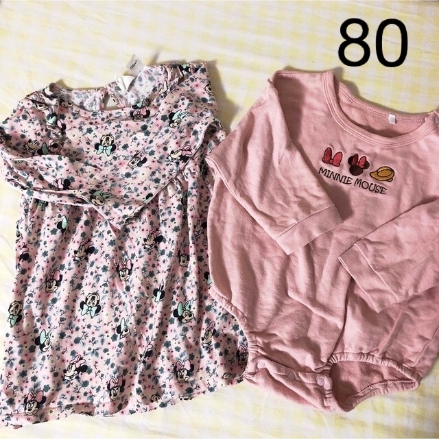 Disney(ディズニー)のミニー 長袖ワンピース ロンパース ピンク 2枚セット 80cm キッズ/ベビー/マタニティのベビー服(~85cm)(ワンピース)の商品写真