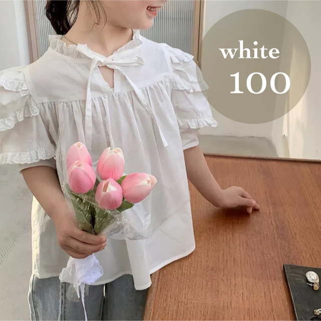 キッズ チュニック ブラウス ホワイト フリル 100 女の子 春 夏 キッズ/ベビー/マタニティのキッズ服女の子用(90cm~)(ブラウス)の商品写真