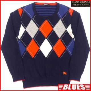 バーバリーブラックレーベル(BURBERRY BLACK LABEL)の廃盤 バーバリー セーター ニット M メンズ  アーガイル 紺 TY2274(ニット/セーター)