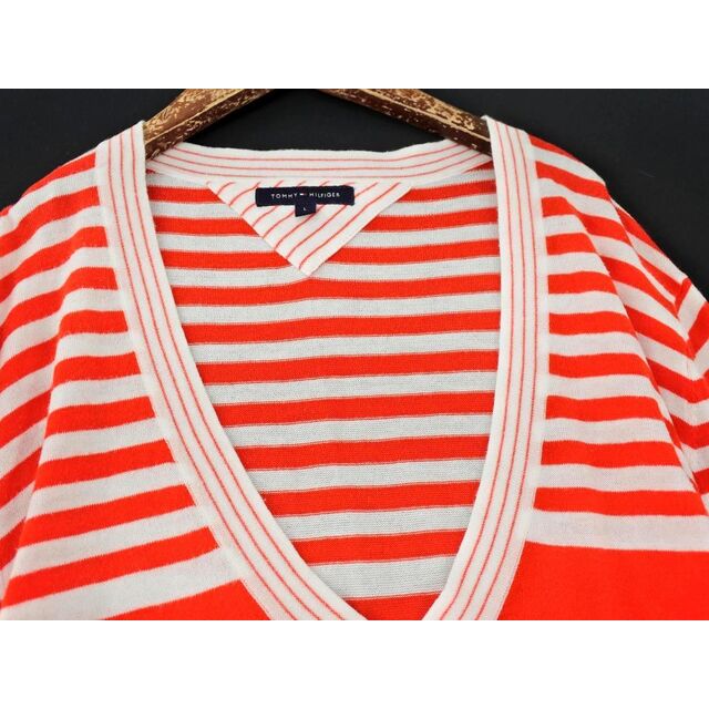 TOMMY HILFIGER(トミーヒルフィガー)のTOMMY HILFIGER トミーヒルフィガー ボーダー ニット チュニック sizeL/白ｘ赤 ■◇ レディース レディースのトップス(カットソー(長袖/七分))の商品写真