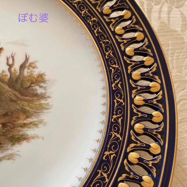 【古マイセン】コバルト 金彩／透かし 飾り皿 プレート「働く民と港湾の風景」