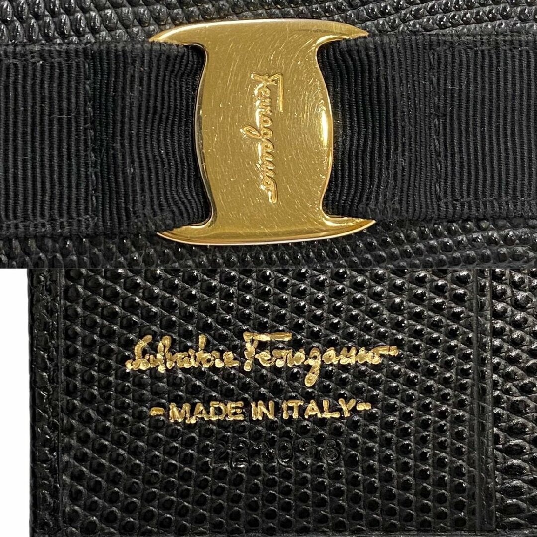 Salvatore Ferragamo(サルヴァトーレフェラガモ)の美品 Salvatore Ferragamo フェラガモ ヴァラリボン 金具 レザー 本革 がま口 二つ折り 財布 ミニ ウォレット ブラック 黒 78256-2 レディースのファッション小物(財布)の商品写真