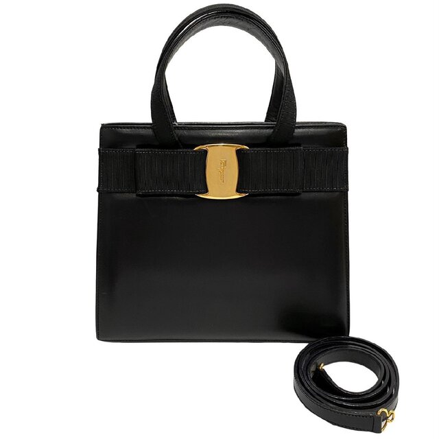 極 美品 Salvatore Ferragamo フェラガモ ヴァラリボン 金具 カーフレザー 本革 2way ミニ ショルダーバッグ ハンドバッグ  ブラック 94497