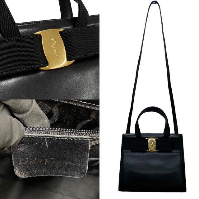 極 美品 Salvatore Ferragamo フェラガモ ヴァラリボン 金具 カーフレザー 本革 2way ミニ ショルダーバッグ ハンドバッグ  ブラック 94497