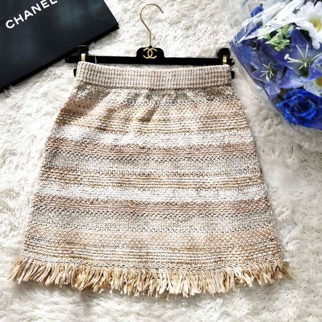 極美品 CHANEL シャネル フクロウ ビジュー スカート ニット フリンジ