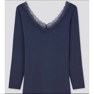 ユニクロ(UNIQLO)の【完売】ユニクロ　ヒートテック　バレエネックT(八分袖)(レース)L ブルー新品(アンダーシャツ/防寒インナー)