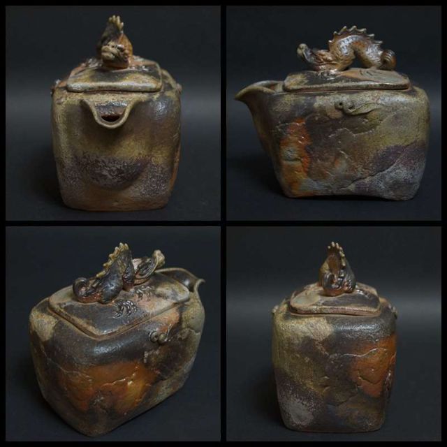 再入荷 備前焼 小西陶古造 窯変 細工浮彫り立体『雲龍』角宝瓶 急須 共