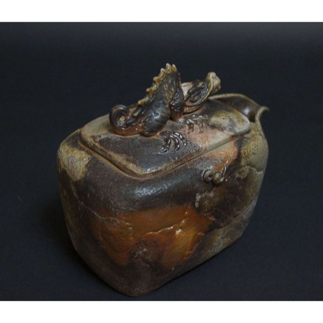 備前焼 小西陶古造 窯変 細工浮彫り立体『雲龍』角宝瓶 急須 共箱☆美