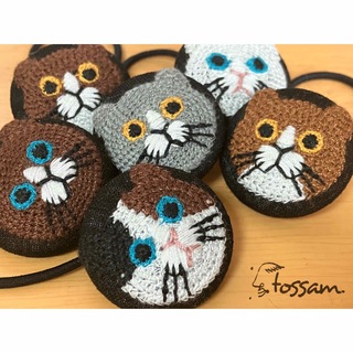 tossam くるみボタン ヘアゴム 刺繍 猫 6点 セット(ヘアアクセサリー)