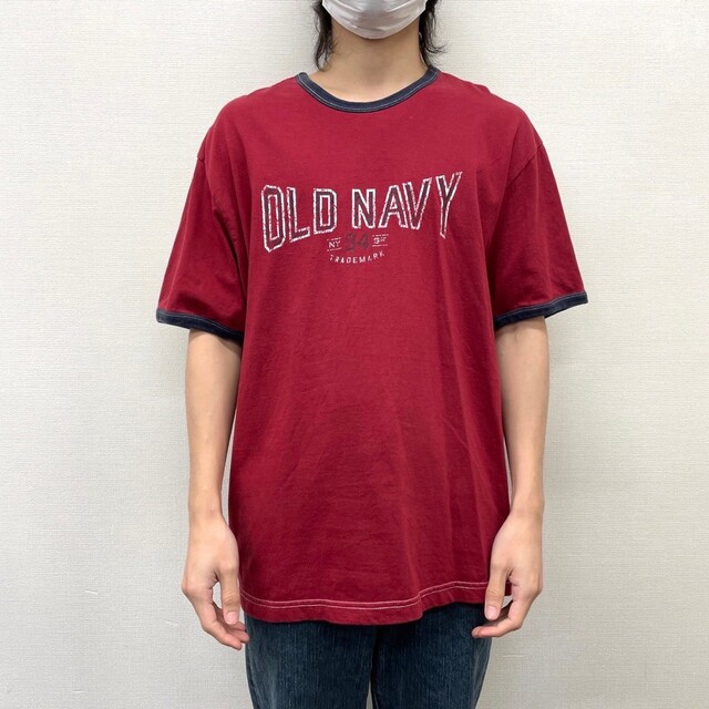 Old Navy(オールドネイビー)の【中古】 ゆうパケット対応 オールド ネイビー OLD NAVY リンガー Tシャツ 半袖 ロゴ プリント サイズ：L エンジ系×ネイビー 古着 中古 mellow メンズのトップス(Tシャツ/カットソー(半袖/袖なし))の商品写真