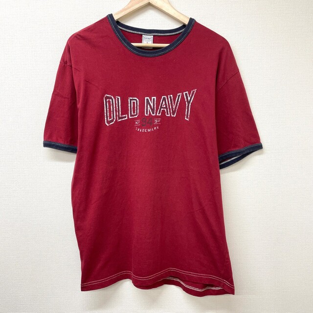 Old Navy(オールドネイビー)の【中古】 ゆうパケット対応 オールド ネイビー OLD NAVY リンガー Tシャツ 半袖 ロゴ プリント サイズ：L エンジ系×ネイビー 古着 中古 mellow メンズのトップス(Tシャツ/カットソー(半袖/袖なし))の商品写真