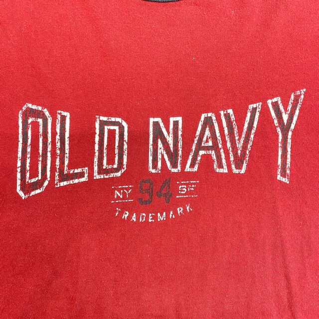 【中古】 ゆうパケット対応 オールド ネイビー OLD NAVY リンガー Tシャツ 半袖 ロゴ プリント サイズ:L エンジ系×ネイビー 古着 中古 mellow