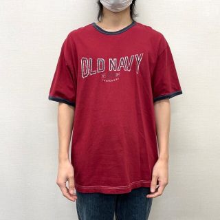 【中古】 ゆうパケット対応 オールド ネイビー OLD NAVY リンガー Tシャツ 半袖 ロゴ プリント サイズ:L エンジ系×ネイビー 古着 中古 mellow